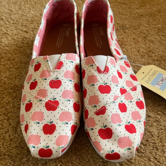 TOMS Natural Canvas Slip-Ons with Red & Pink Apple Print - Picture 2 of 7